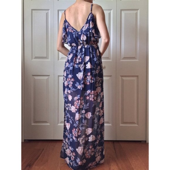 Miami Cold Shoulder maxi gown blue floral print S - Picture 6 of 6